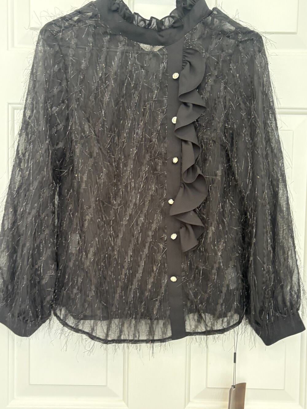 DUCD'O Womens Black Sheer Blouse Ruffle Fringe Tinsel Shirt Diamante Buttons M